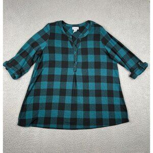 Catherines Women's Top Blouse 0X 14/16W Teal Black 3/4 Roll Tab Pullover